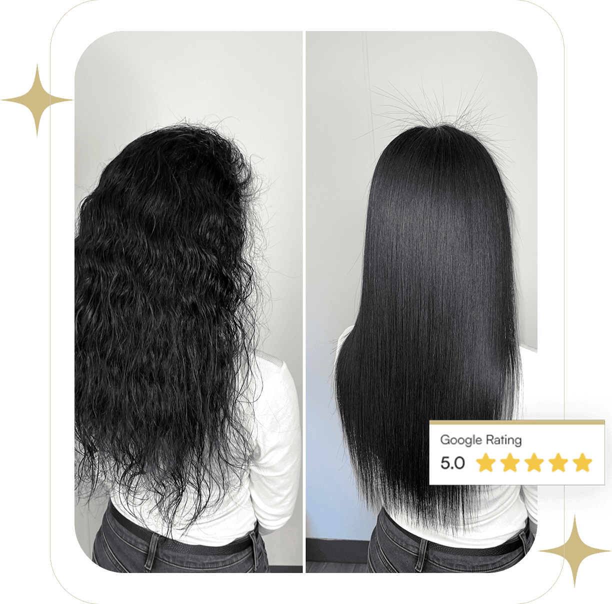 Before and after hair transformation with 5.0 Google Rating